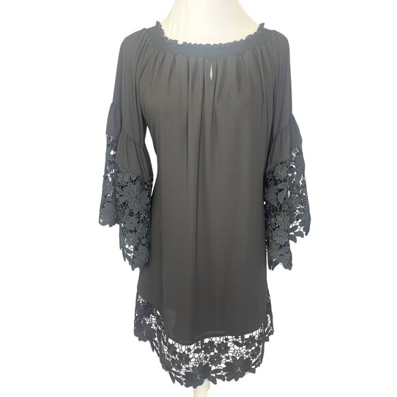 Joseph Ribkoff Dress Lace Bell Sleeves Elastic Neck Ladies Size Large Black - Picture 2 of 10